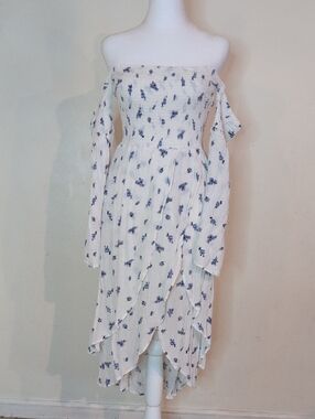 Lucy Love White Off-Shoulder Dress with Blue Floral Print